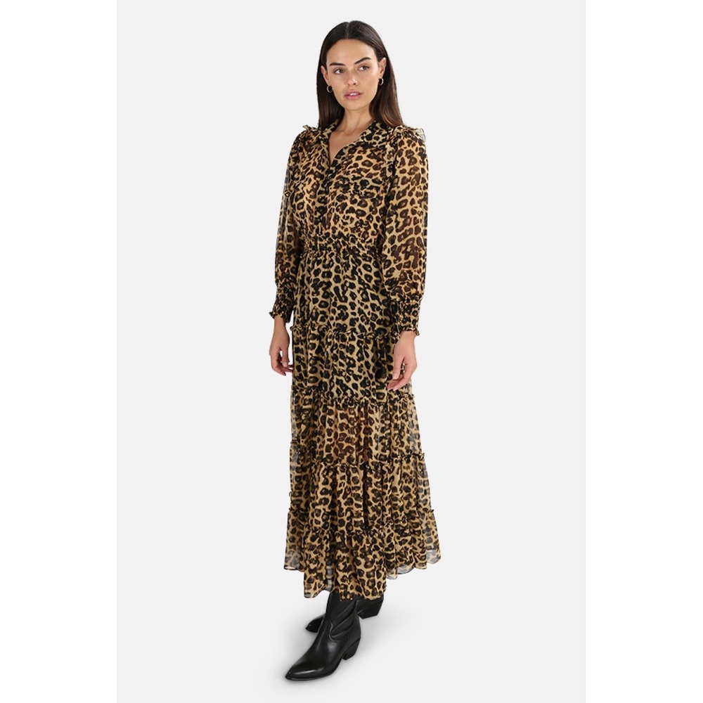 MISA Los Angeles Aydeniz Leopard Print Tiered Maxi Dress XS Smocked Waist Ruffle